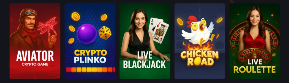 Instant Casino populära spel lobby med Aviator och Plinko.